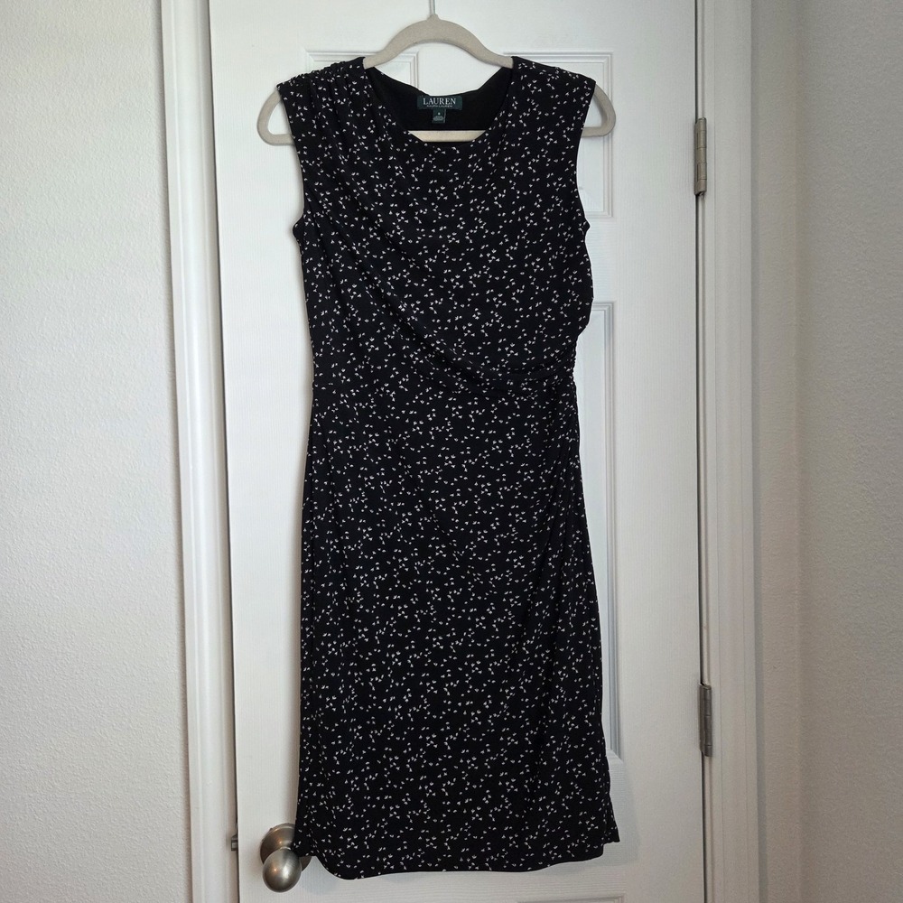 Lauren Ralph Lauren Black Bird Print Dress Sleeveless Ruched Crossover 8 Party
